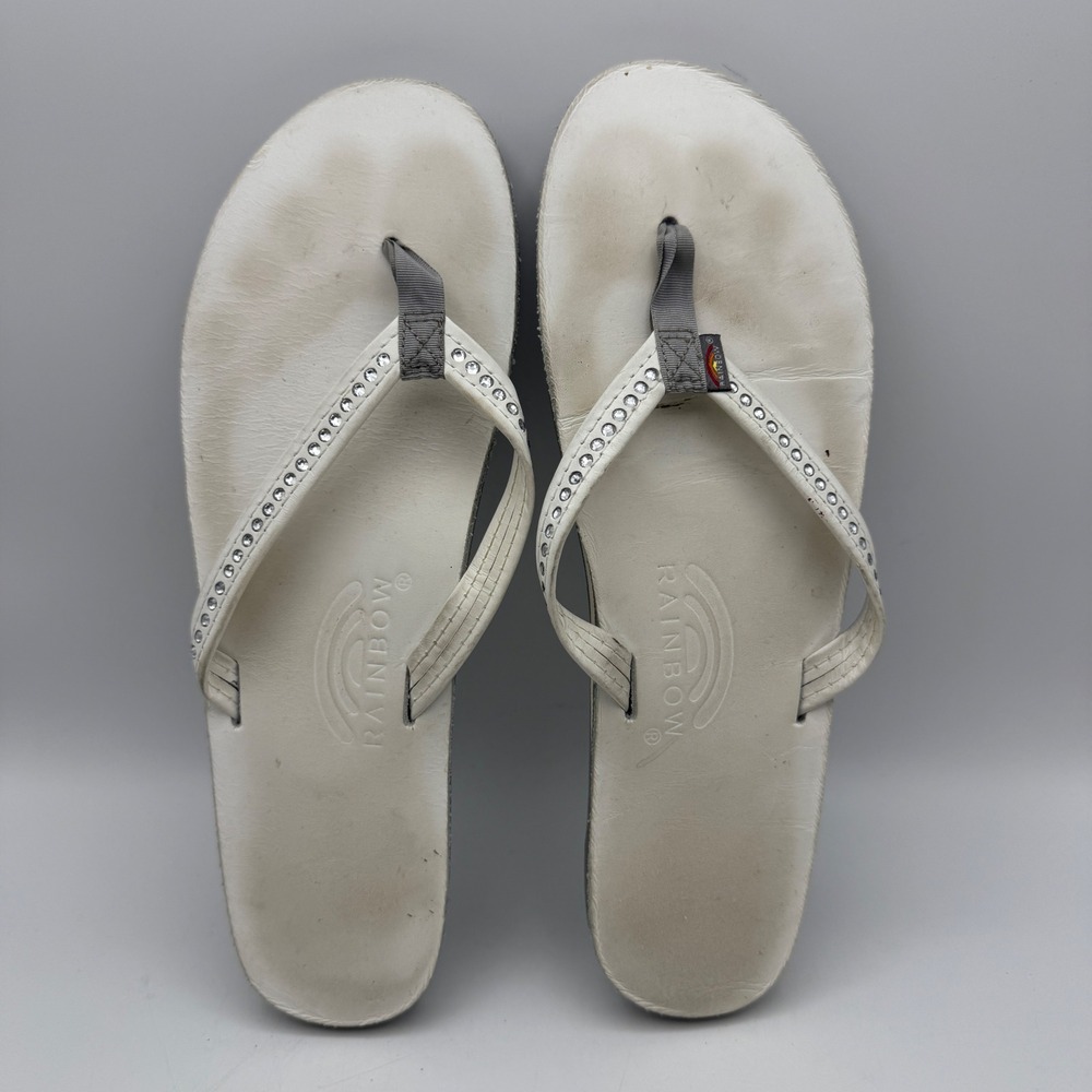 Rainbow Sandals Flip Flops Womens 10 White Crystal Rhinestone Leather Thong - Picture 5 of 7